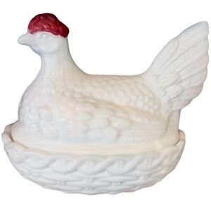 VINTAGE MILK GLASS HEN ON NEST WITH CHICKS | INDIANA GLASS STYLE